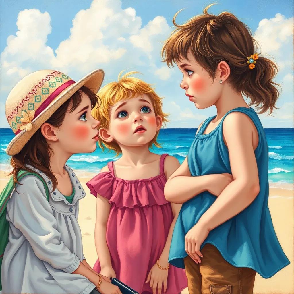 Children contemplating and talking together, looking thoughtful and concerned, bright beach setting, engaging colors, uplifting illustration, positive message