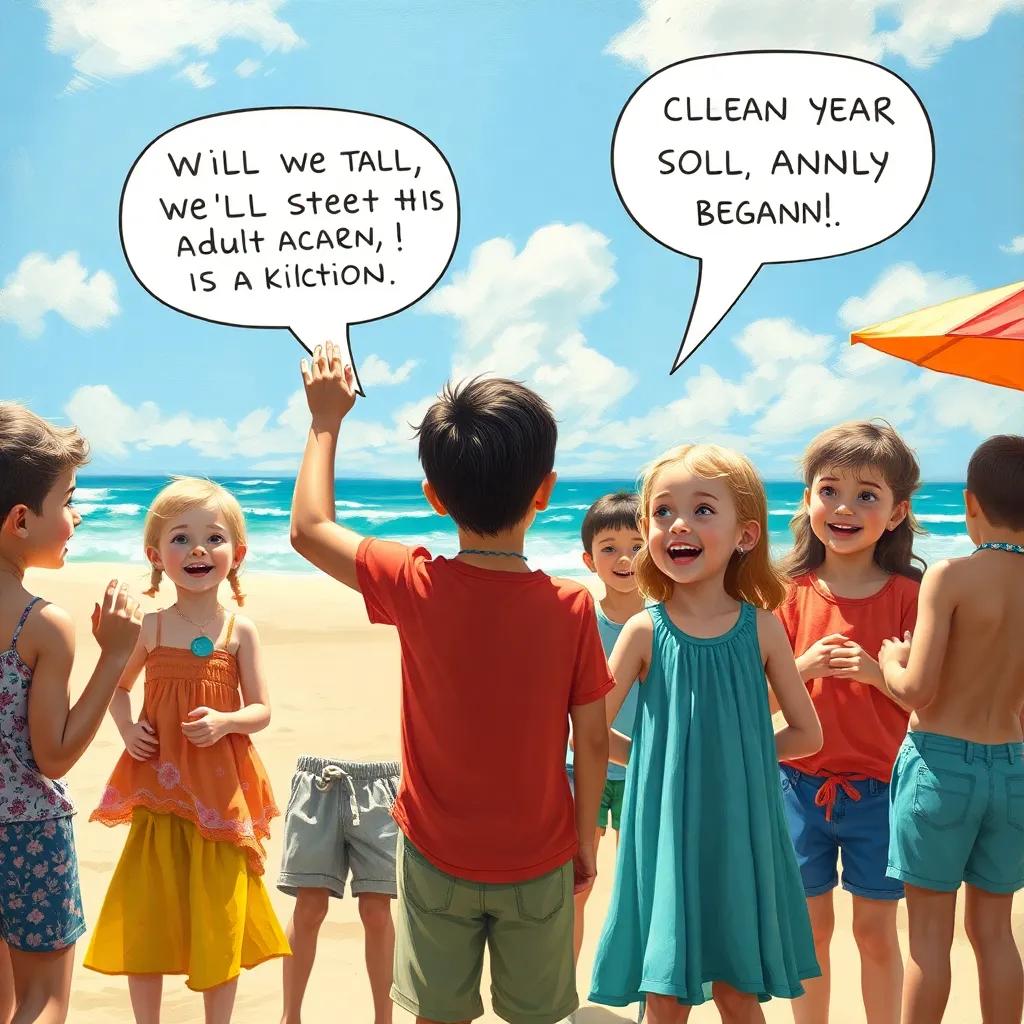 Children confidently saying they will talk to adults and clean the beach, animated expressions, sunny atmosphere, vibrant colors, engaging visualization