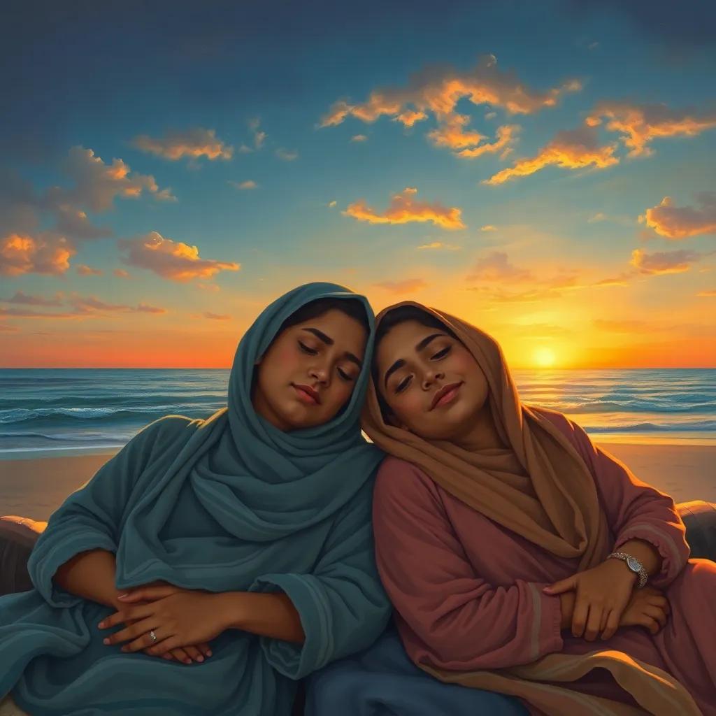 Fatigue visible on Farah and Marah’s faces as they rest, beautiful beach sunset behind them, cozy lighting, warm colors, cheerful ending