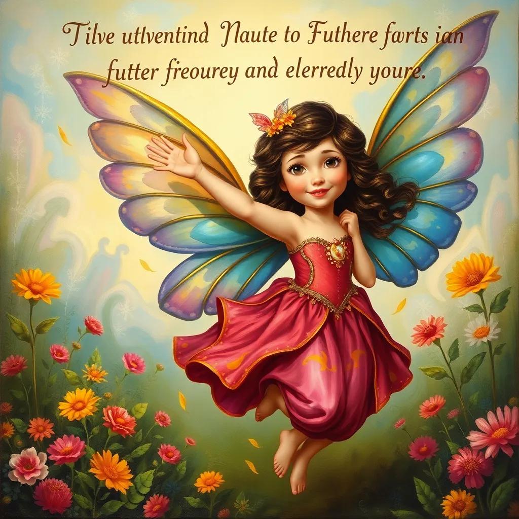 Nuno fluttering her wings playfully, inviting excitement for future adventures, enchanted garden backdrop, vibrant colors, cheerful art style