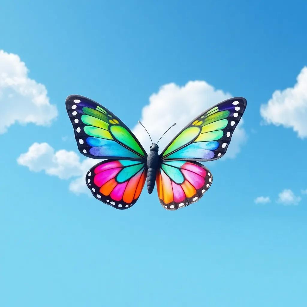 A colorful butterfly, Farah, with vibrant wings flying in a bright blue sky, surrounded by fluffy white clouds, cheerful and playful atmosphere, digital art, bright colors, high quality