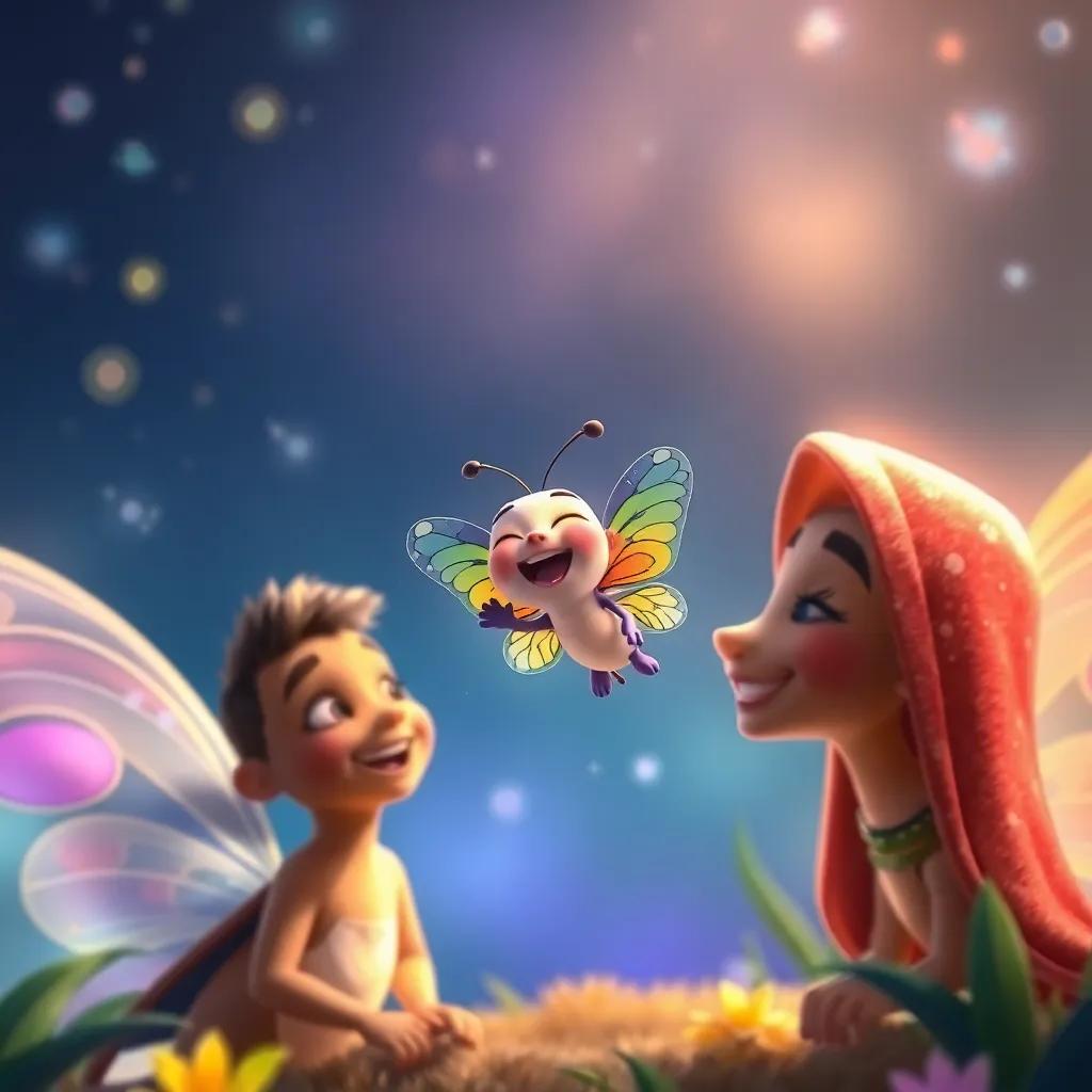 A tiny butterfly, Nuno, with rainbow-colored wings, laughing and singing while flying around Farah and Marah, enchanting and lively scene, digital painting, whimsical style, bright lighting