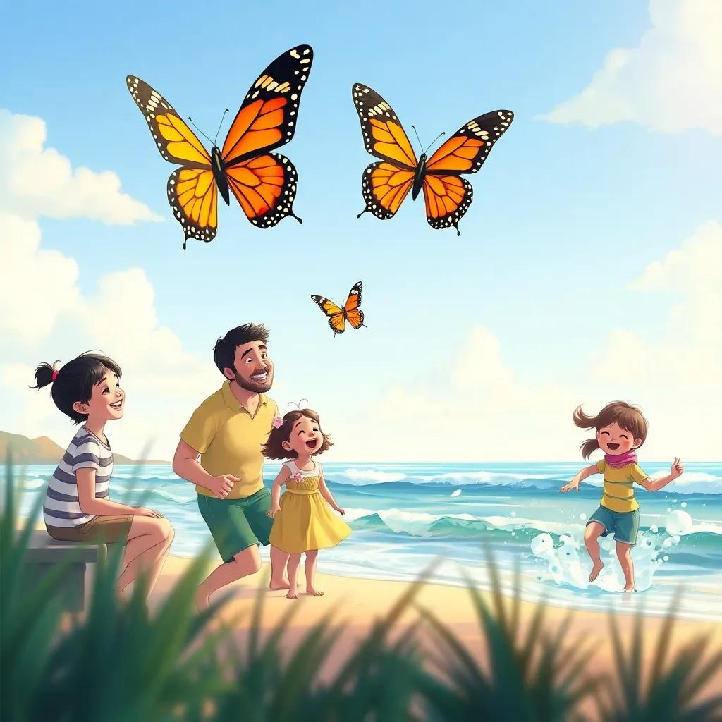 Three butterflies flying over a family at the beach, the family is laughing and playing by the water, detailed scene, cheerful atmosphere, children enjoying the day, illustration, warm colors