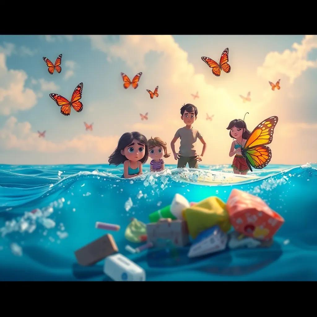 A group of people throwing garbage into the sea, with a concerned look from the butterflies, colorful environment but sad, important message about cleanliness, digital art, contrasting colors, meaningful perspective