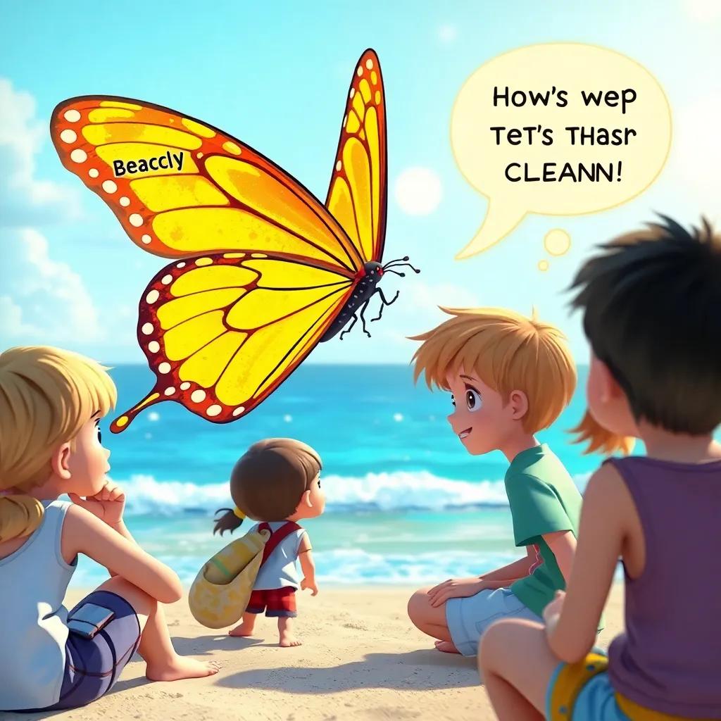 A butterfly looking at children, asking them how they keep the beach clean, kids thinking and discussing together, encouraging interaction, vibrant, engaging imagery