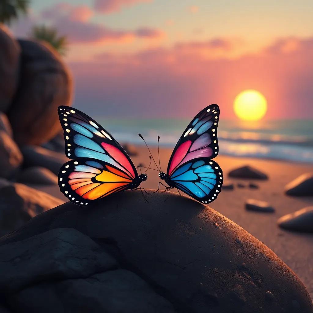Two tired butterflies resting on a rock near the beach, with the sun setting in the background, warm colors, relaxing atmosphere, digital painting, calm and peaceful
