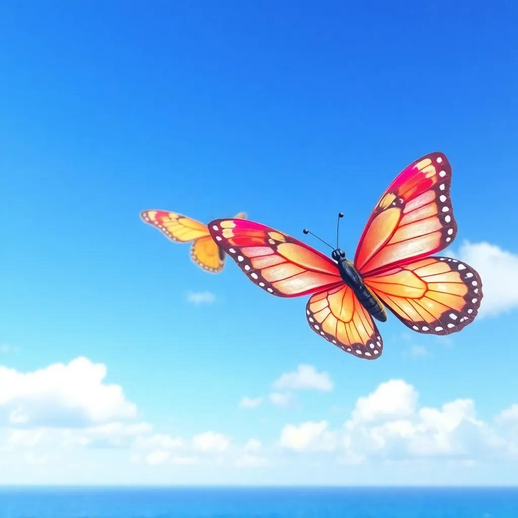 In a bright, beautiful morning, two butterflies, Farah and Marah, are flying in the blue sky. Farah says: "Good morning, Marah! What do you think about a trip to the sea today? The weather is sunny and the breeze is light!" Marah excitedly replies, "Great idea! Let's enjoy the view of the beautiful blue sea!" - digital art, vibrant colors, cheerful atmosphere, high quality