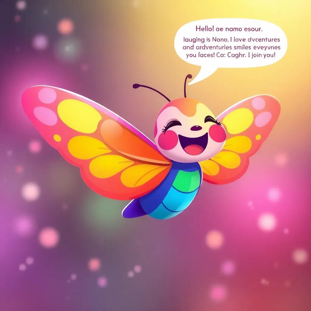 Suddenly, a small butterfly colored in rainbow colors appears, laughing and singing. She says: "Hello! My name is Nono, I love adventures and bringing smiles to everyone's faces! Can I join you?" - colorful illustration, child-friendly character, lively expressions, warm colors, high quality