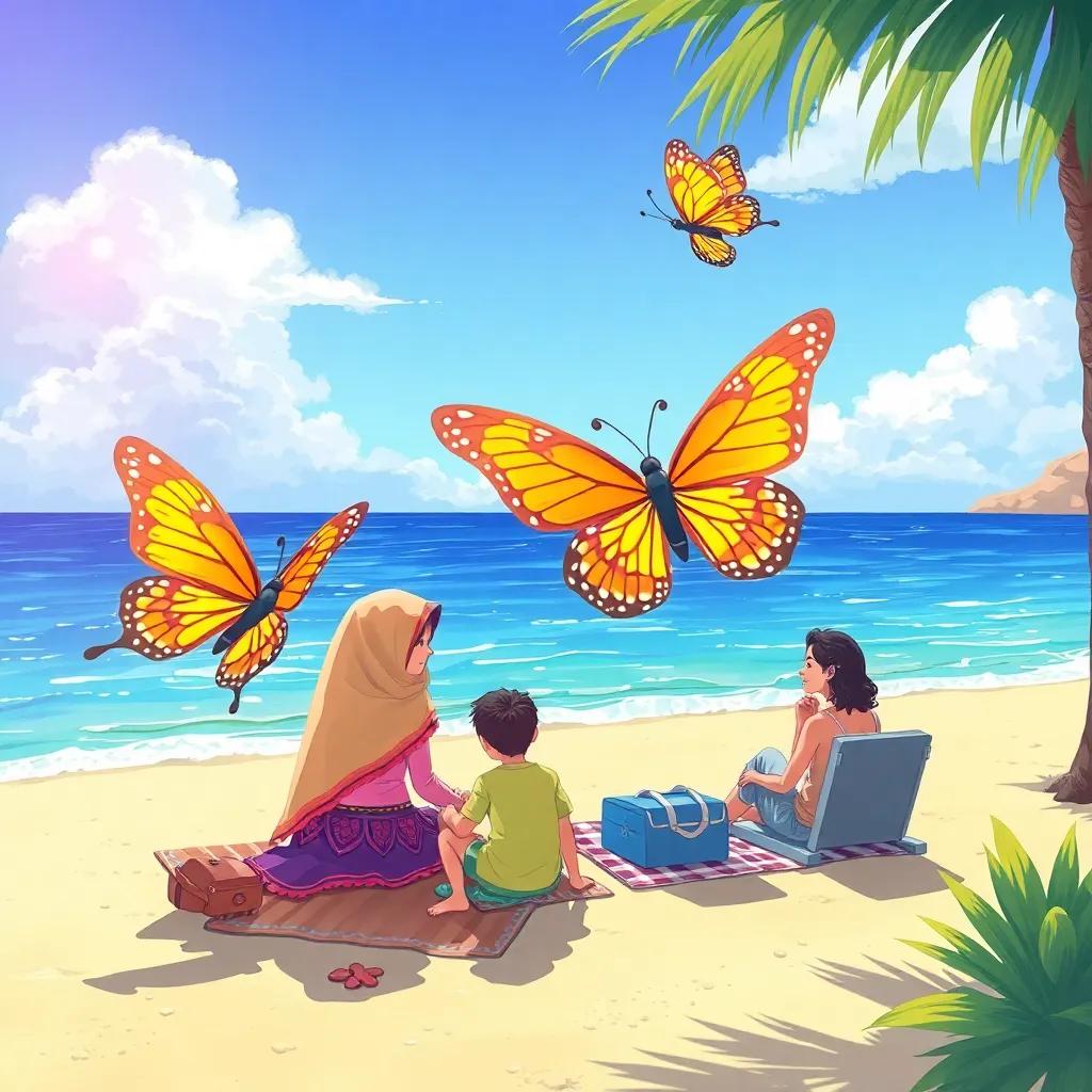 Together, Farah and Marah eagerly respond: "Of course, Nono! You'll bring joy to our trip!" The three butterflies arrive at the sea and are flying over a family sitting by the waters. - detailed digital illustration, cheerful beach scene, vibrant colors, high quality