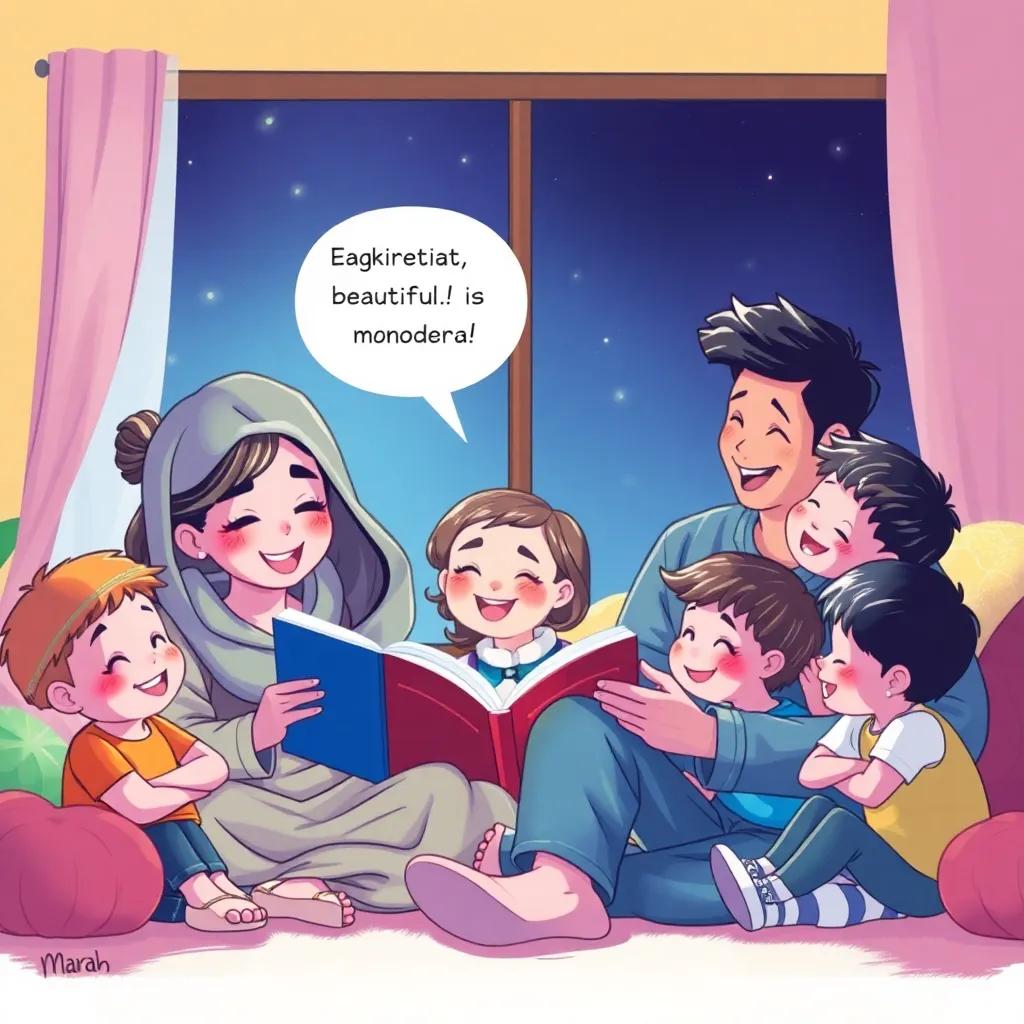 Marah exclaims: "Look! What a beautiful sight! The mother is telling stories to her daughter, and the father is playing with the children, everyone is laughing happily." - heartwarming illustration, smiley faces, detailed family scene, bright colors, high quality