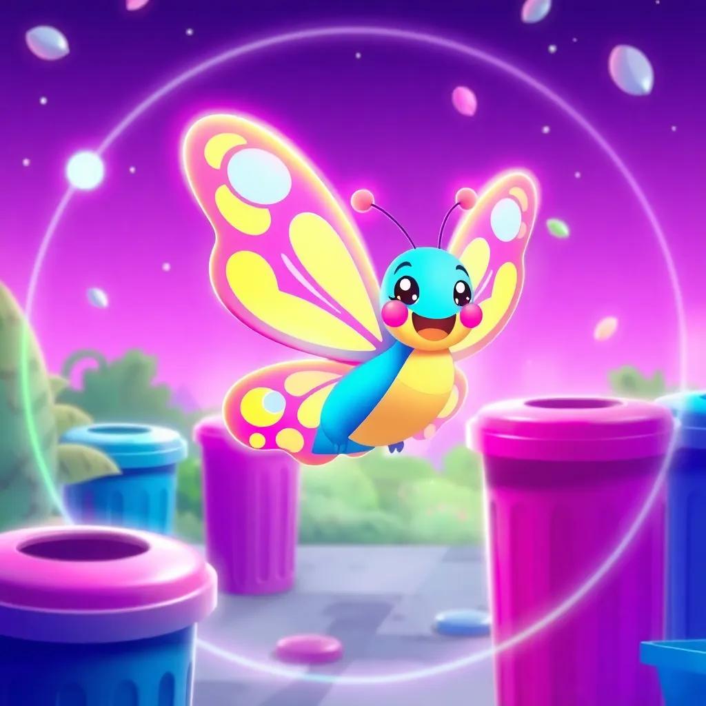 Nono happily says while flying in circles: "And the best part is that they are picking up trash and throwing it in trash bins! What good friends they are to the environment!" - playful digital art, vibrant butterfly character, positive message, bright colors, high quality