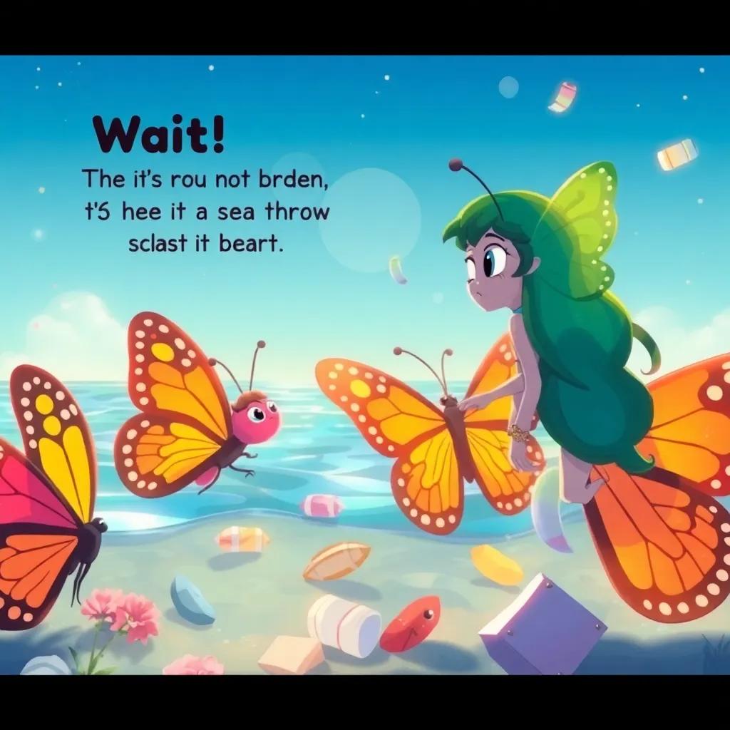 Suddenly, Farah notices something strange: "Wait! There’s a group of people throwing trash in the sea!" - concerned expression, illustration of butterflies noticing trash, bright colors, high quality