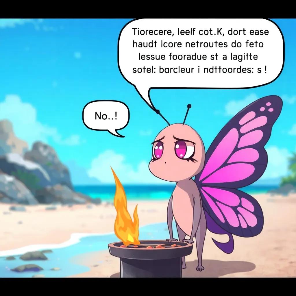 Nono sadly says: "No! This harms the fish and spoils the beauty of the place... and worse, they are lighting a barbecue in a prohibited area!" - serious butterfly character, expression of concern, clear beach scene, high quality