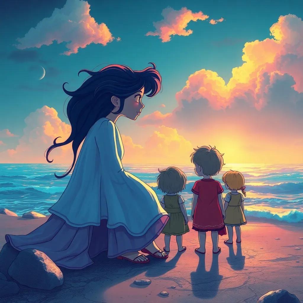 Then she looks at the children from afar and says gently: "Little friends... what would you do if you saw such behavior? How do you keep the sea and beach clean?" - thoughtful atmosphere, interaction with children, warm colors, high quality