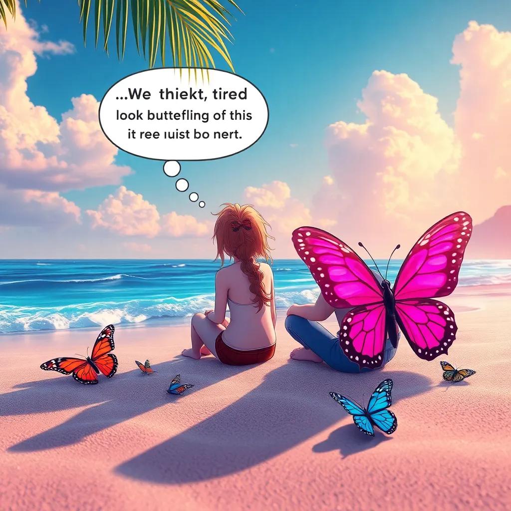 They think... and talk with their friends or teacher! Marah says: "We are tired now, let's rest and come back later for a new adventure!" - relaxing beach scene, butterflies taking a break, vibrant atmosphere, high quality