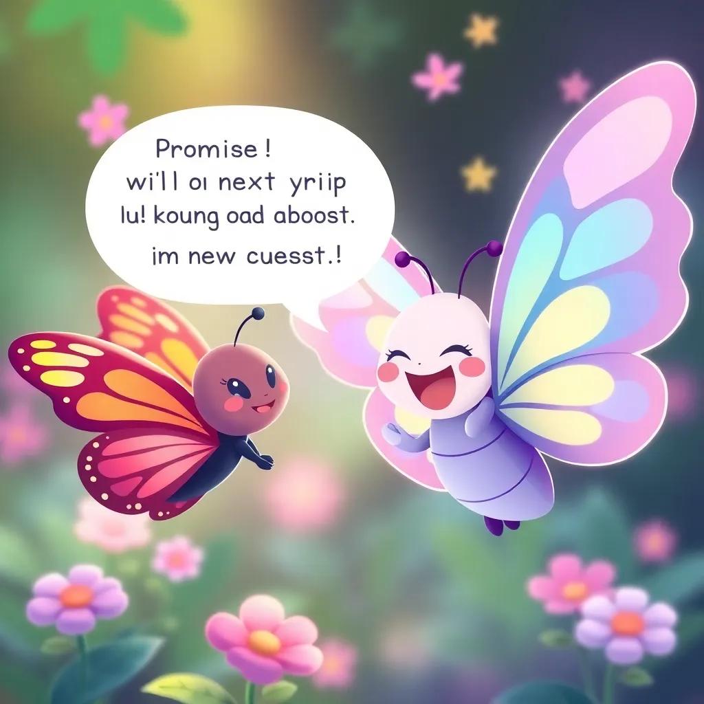 Nono laughs and says while fluttering her wings: "Promise! On the next trip, I will bring you a fun game and a new question!" - cheerful and playful scene, butterflies happily chatting, bright colors, high quality