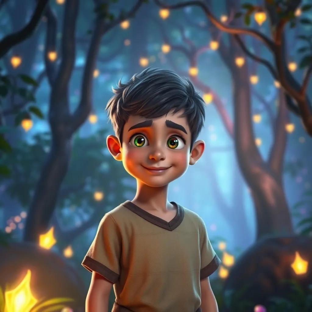 A young boy, Ferdan, with slightly odd features, standing in a magical forest, wearing a simple tunic, with curious eyes and a confident smile, surrounded by glowing lights, mystical atmosphere, vibrant colors, fantasy art, high quality