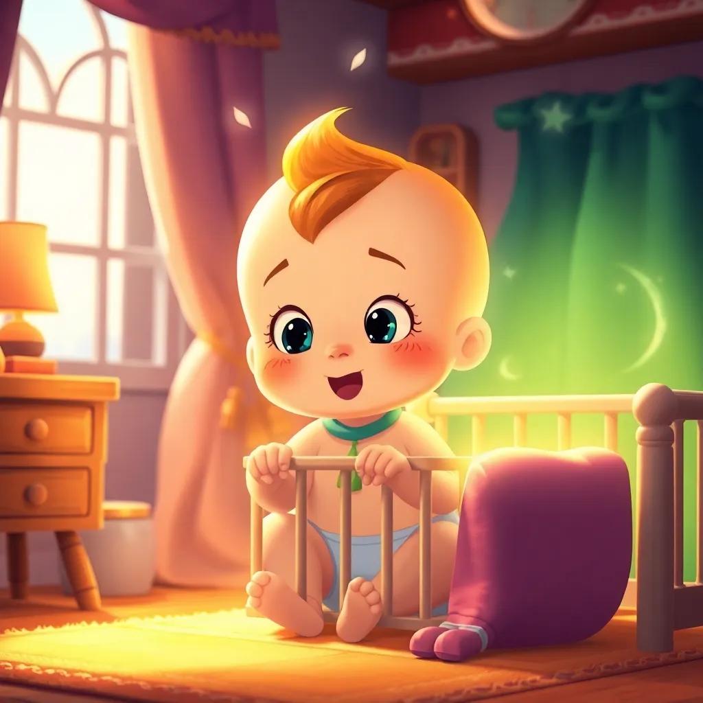 Ferdan as a baby in a cozy room, with a magical aura around him, speaking with a deep voice, soft light illuminating his crib, warm colors, child-friendly illustration, high quality