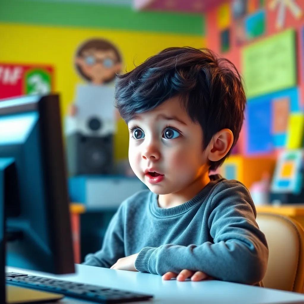 A young child, Imad, with dark hair and wearing casual clothes, sitting at a desk with a computer, looking excited and surprised while reading an announcement on the screen, colorful room, digital art, vibrant colors, engaging atmosphere, high quality