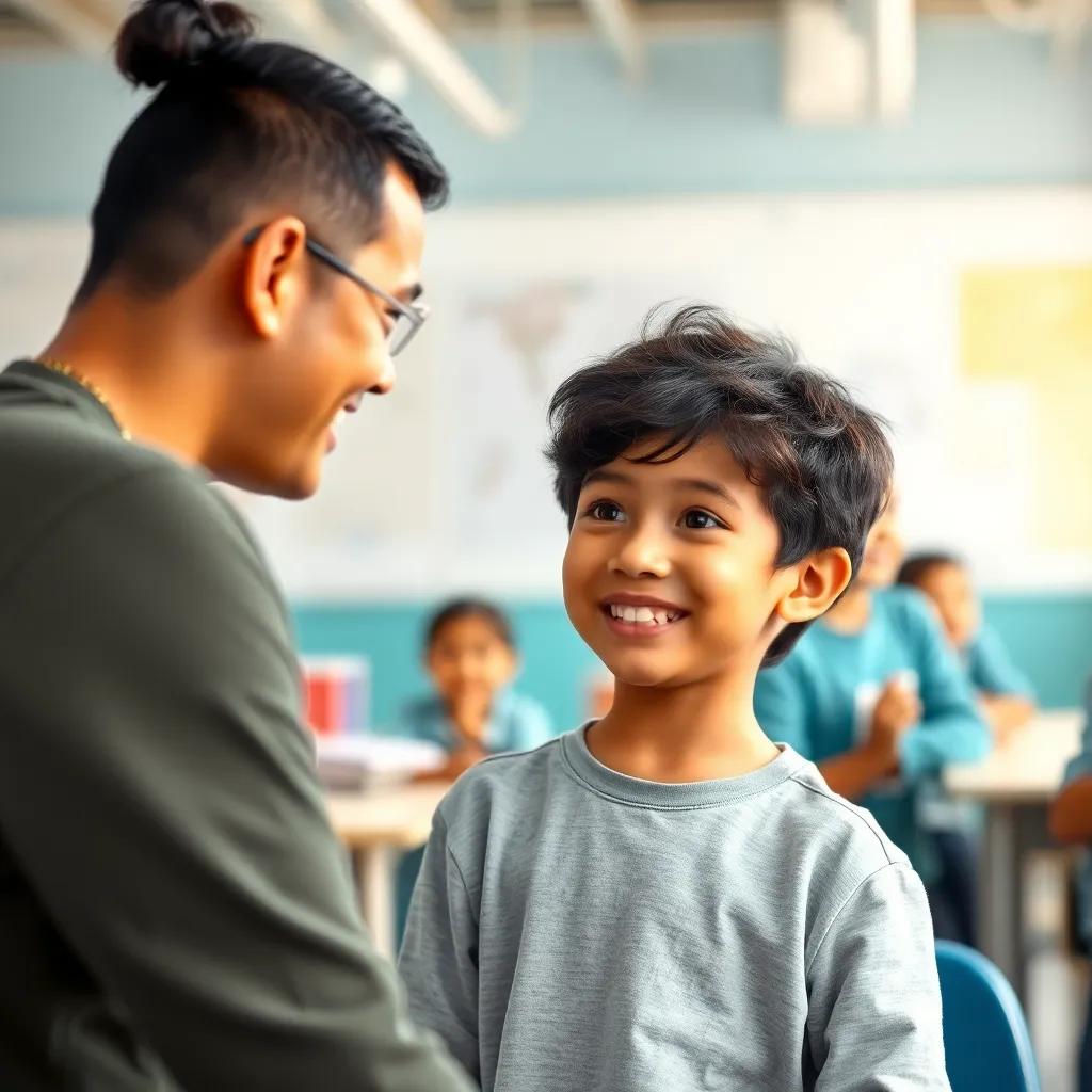 A young child, Imad, with dark hair and wearing casual clothes, smiling and learning in a workshop environment, surrounded by friendly trainers and other children, bright and inspiring classroom, digital art, cheerful, educational atmosphere, high quality