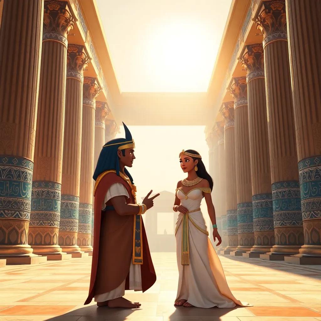 A grand palace with tall pillars and elegant decorations, Pharaoh talking to his wife, a beautiful Egyptian woman, wearing a flowing dress and jewelry, with a bright sun shining, digital art, vibrant colors, majestic atmosphere, high quality