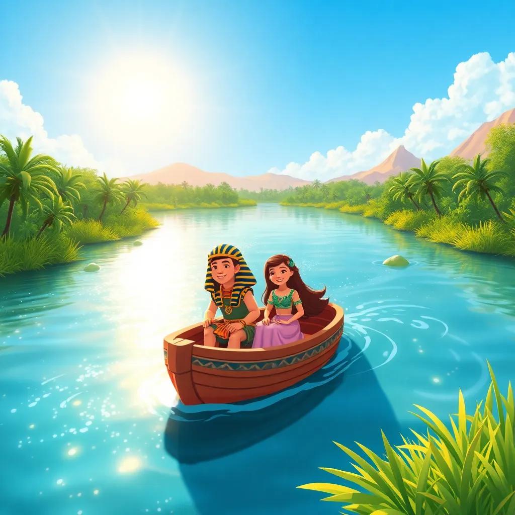 A serene river scene with sparkling water under the sun, Pharaoh and his wife on a small boat, joyful expressions, surrounded by lush greenery and blue sky, illustration, cheerful, adventure-themed, child-friendly