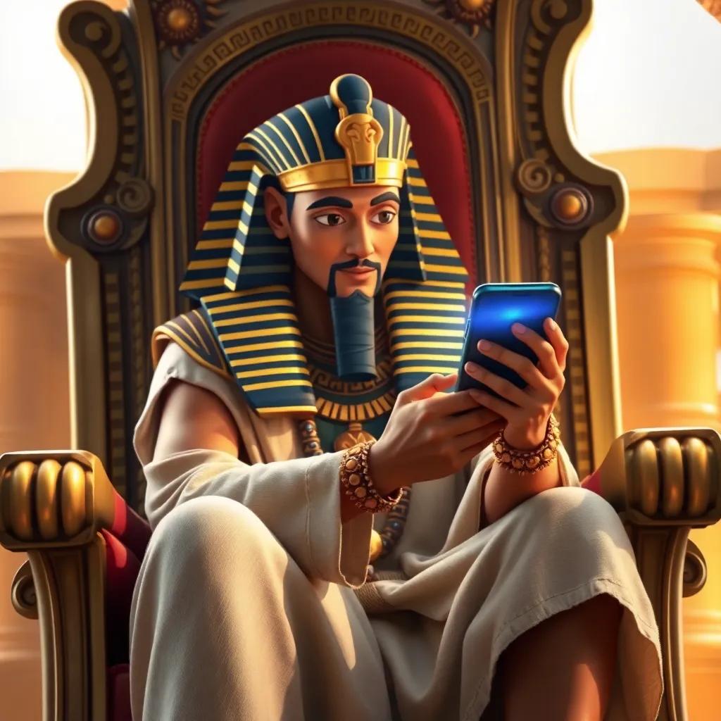 A Pharaoh, an ancient Egyptian king, sitting on a grand throne, wearing ornate gold jewelry and a long linen robe, examining a bright, modern smartphone with curiosity, detailed digital art, rich colors, majestic atmosphere, high angle view, high quality