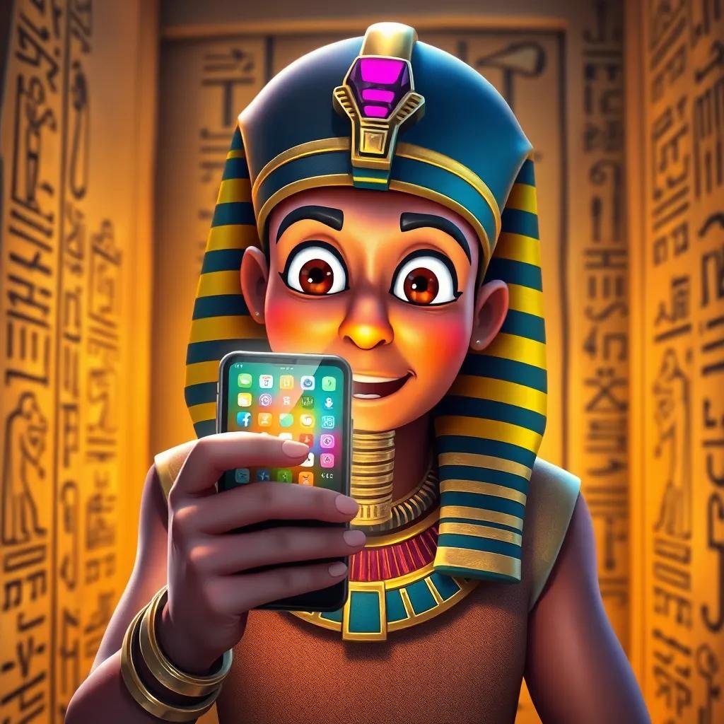 An ancient Egyptian Pharaoh holding a smartphone, his eyes wide with excitement as colorful apps glow on the screen, surrounded by hieroglyphic walls, vibrant colors, whimsical explore vibe, storytelling view, fantasy