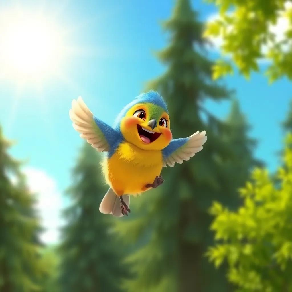 A small colorful bird, Furfour, with blue, yellow, and green feathers, flying joyfully among trees under a sunny sky, digital art, vibrant colors, cheerful atmosphere, high quality