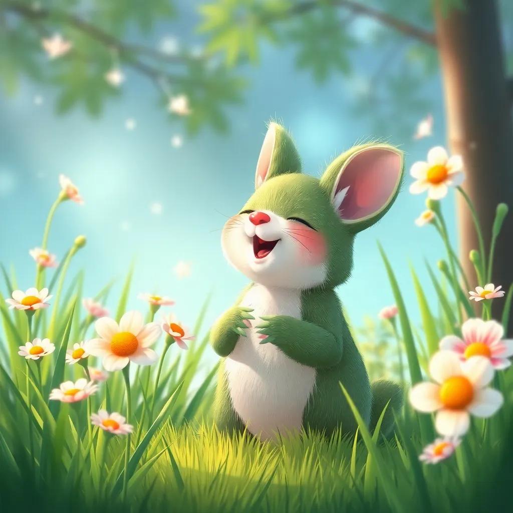 Furfour singing a beautiful song, surrounded by blooming flowers and tall green grass, enchanting scene, illustration, bright, happy, child-friendly, good quality