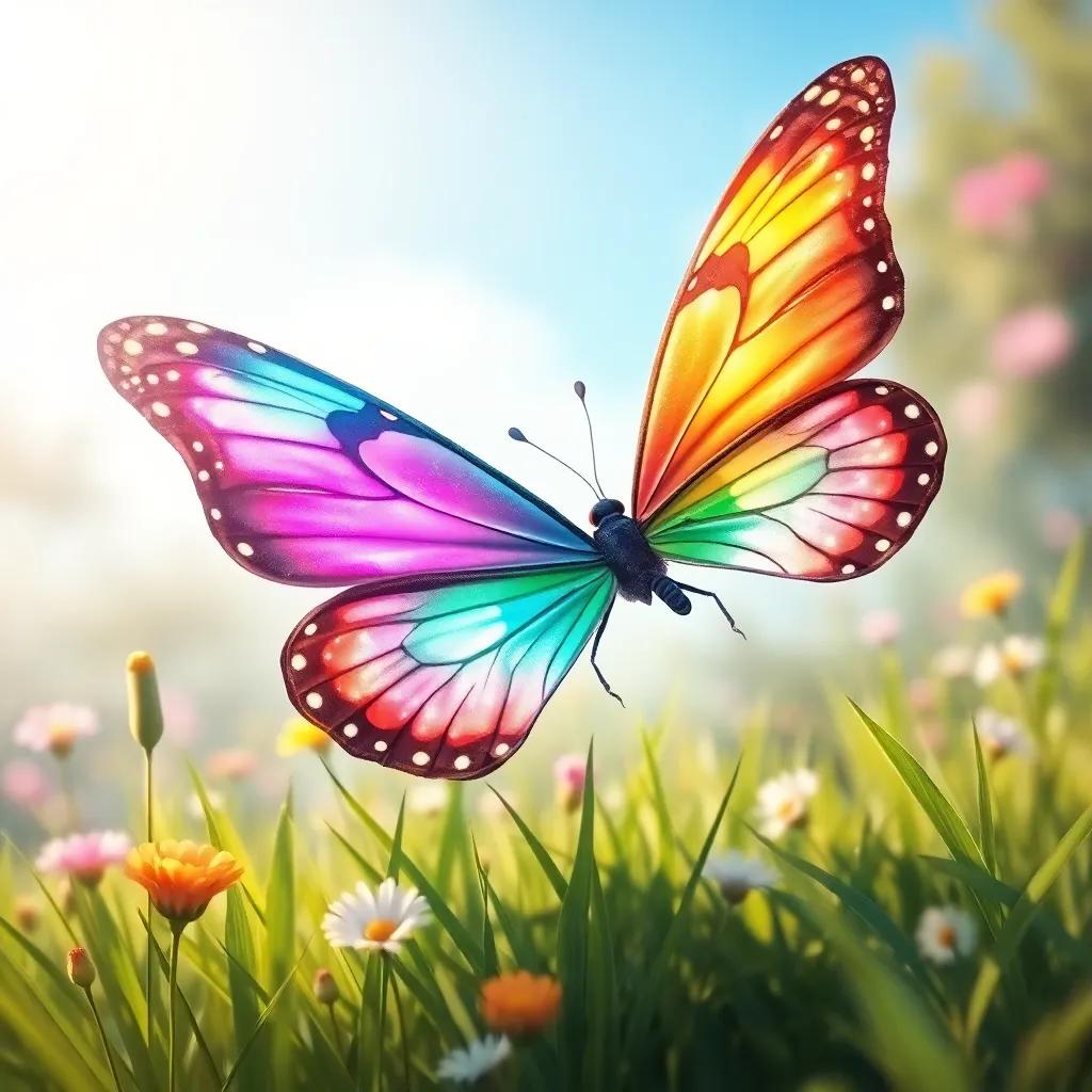 A beautiful butterfly, Loli, with shimmering colors, fluttering gently near Furfour in a sunny meadow, soft lighting, magical and inviting, high detail, illustration