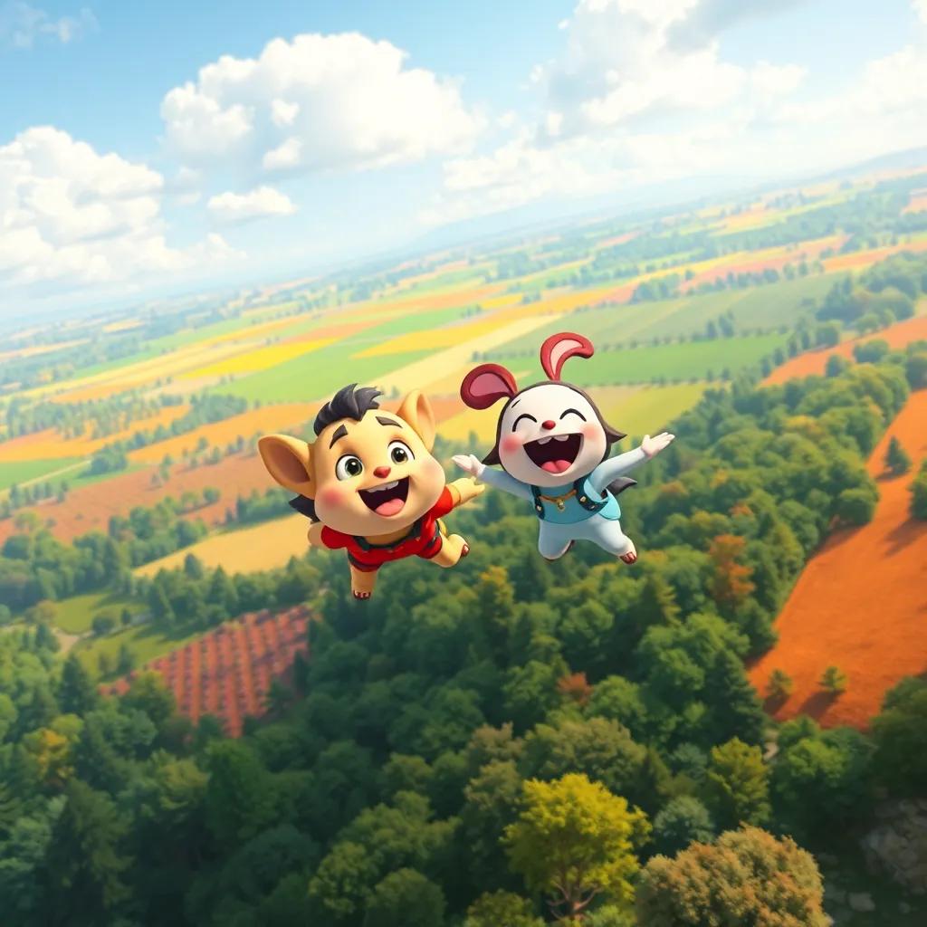 Furfour and Loli flying together over a colorful field and dense forest, laughter filling the air, vibrant scenery, adventure-themed, digital illustration, child-friendly