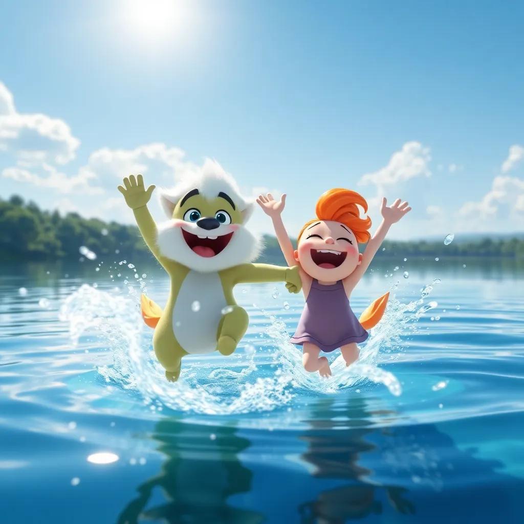 A sparkling lake under the sun with Furfour and Loli joyfully jumping into the water, splashes of water around them, refreshing and bright scene, cheerful atmosphere, digital art