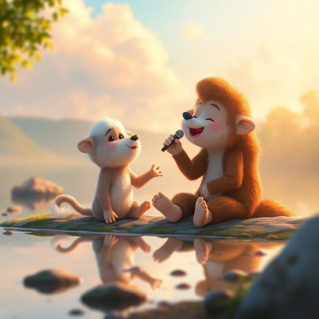 Furfour and Loli sitting on the lakeside, Furfour singing while Loli dances around him, warm light, soft colors, heartwarming scene, highly detailed, child-friendly