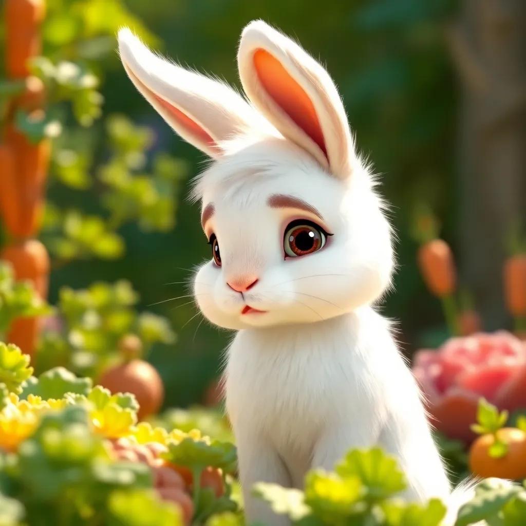 A cute rabbit named Furfour, a young Arab rabbit with fluffy white fur and big ears, looking sad in a green garden with carrots and lettuce, child-friendly, digital art, bright colors, warm sunlight, high quality