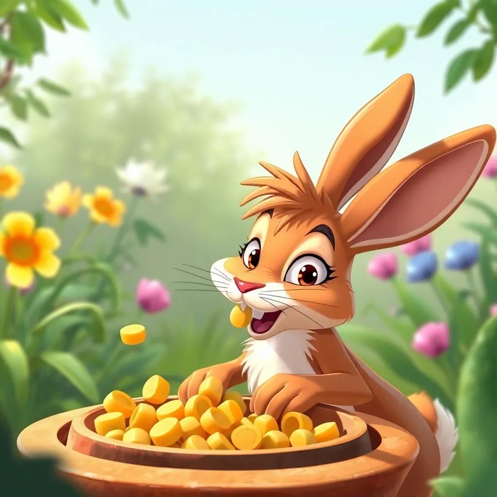 Karkor, an Arab rabbit with brown fur and mischievous eyes, stealing food from a bowl in a green garden, playful and humorous atmosphere, cartoon style, cheerful colors, high quality