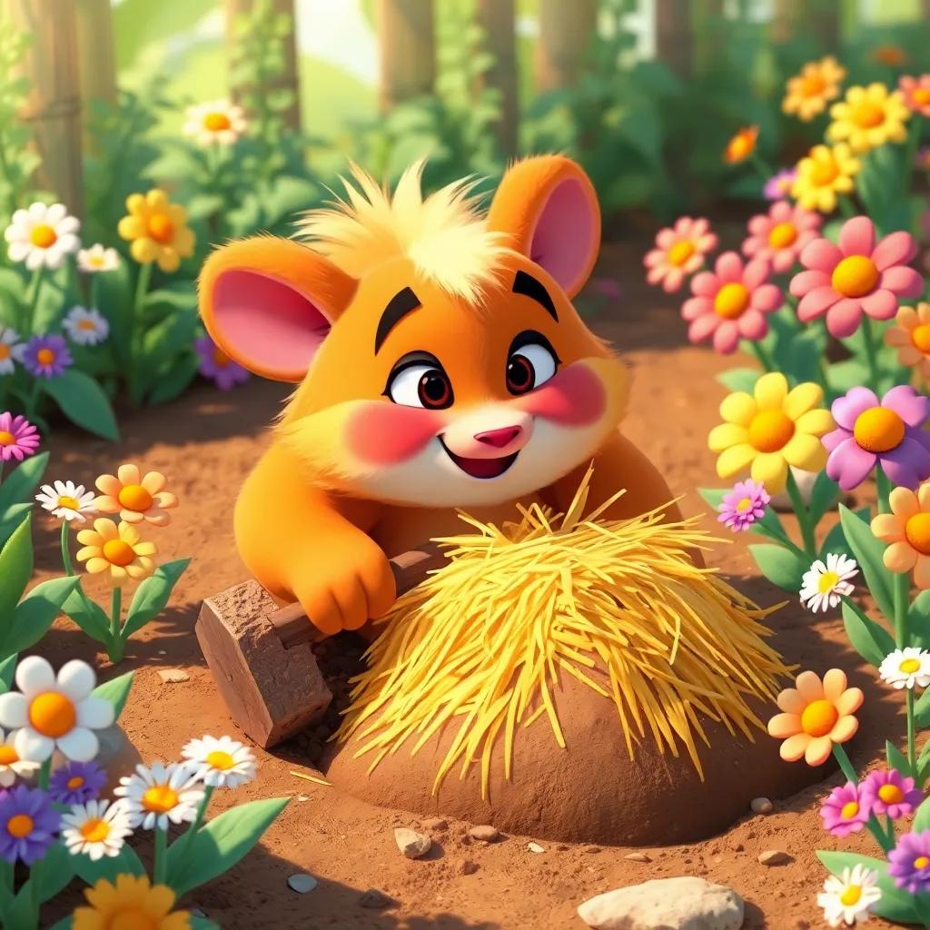 Furfour digging a big hole and covering it with straw in a garden, focused expression, colorful flowers around, bright and cheerful, digital illustration, high quality