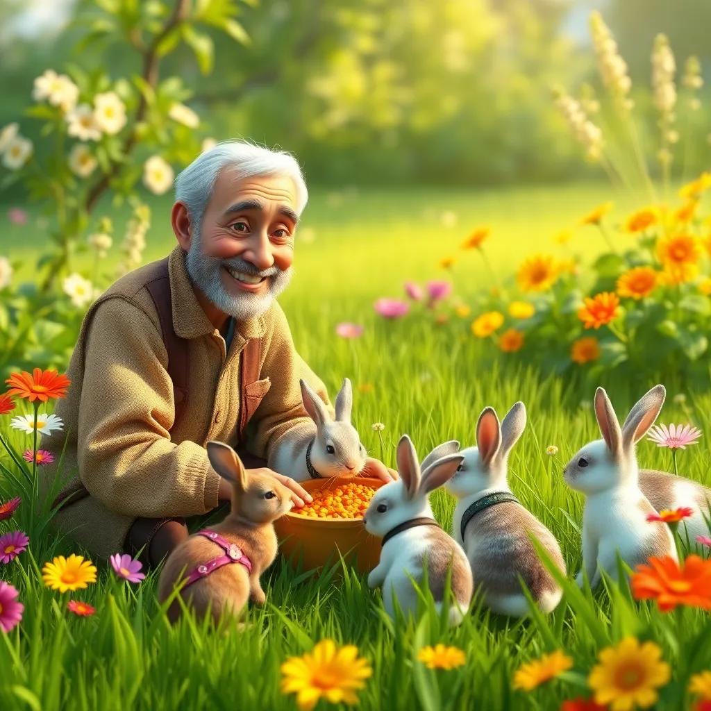 A scene of the garden with Mahmoud, a kind-looking old man placing food for the rabbits, smiling and caring, surrounded by green grass and vibrant flowers, warm and inviting, high quality