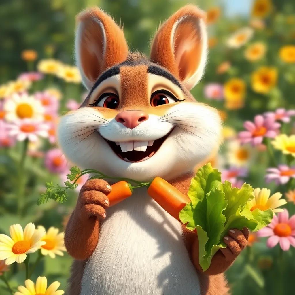Furfour happily eating carrots and lettuce with a joyful expression, a sunny garden with flowers around, colorful and cheerful, digital painting, high quality
