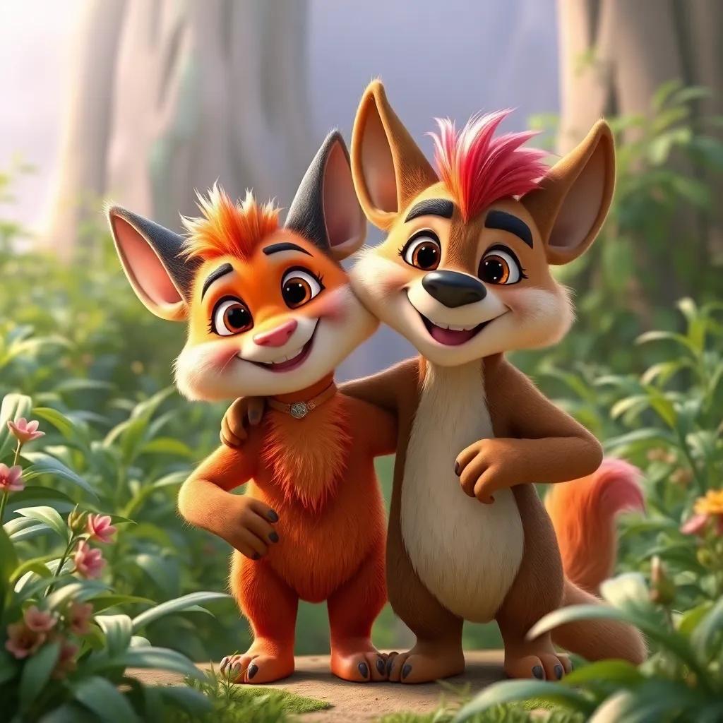 A scene where Karkor and Furfour are standing together, smiling, with lush greenery around, a sense of friendship and harmony, colorful digital art, high quality