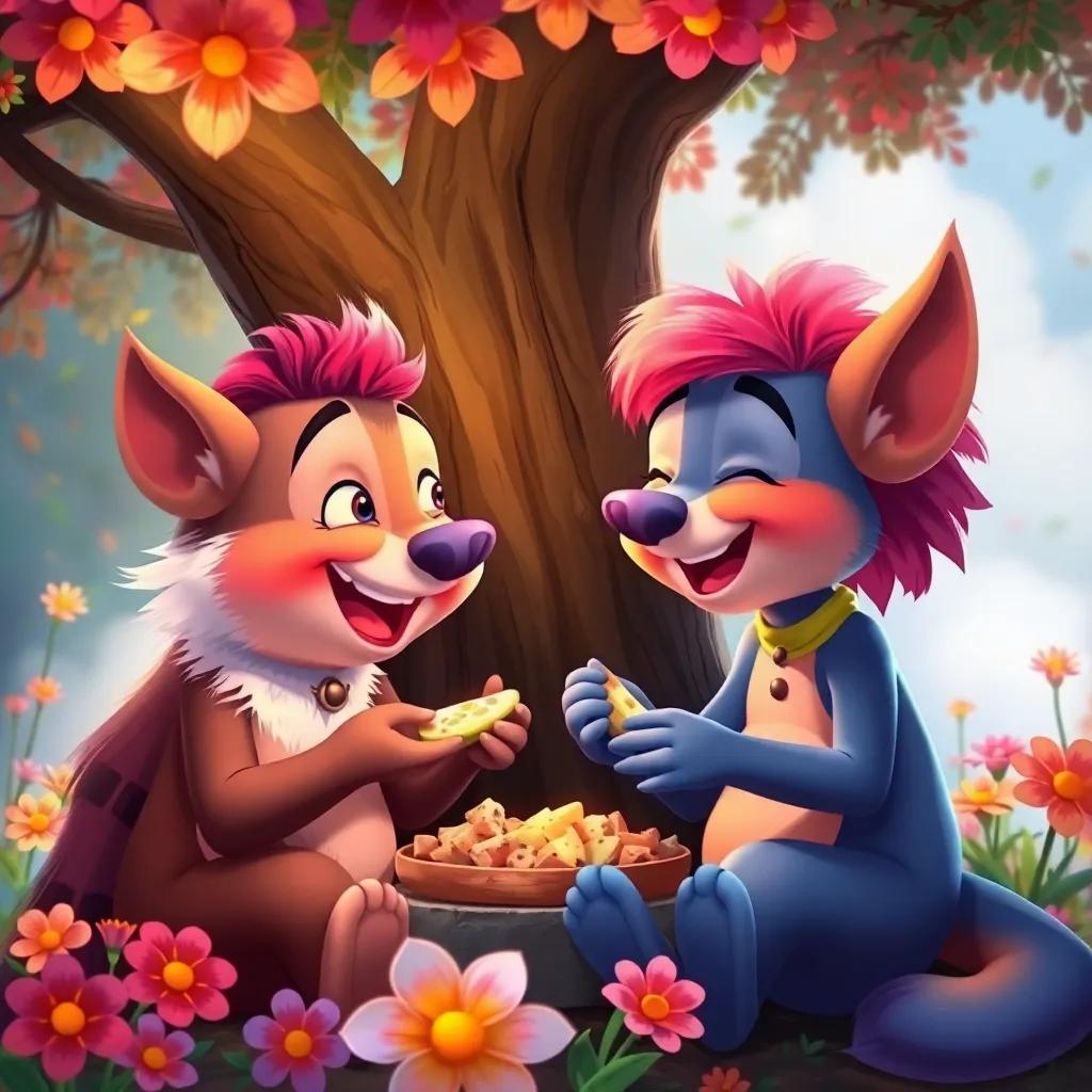 Furfour and Karkor sharing food and laughing together under a tree, surrounded by flowers, vibrant colors, warm atmosphere, child-friendly illustration, high quality