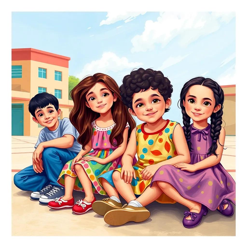 A group of four children, Ali, a young Arab boy with short black hair, wearing a t-shirt and jeans, Leila, a young Arab girl with long brown hair, wearing a colorful dress, Said, a young Arab boy with curly black hair, in shorts, and Hanan, a young Arab girl with braids, in a playful outfit, sitting in a schoolyard under a sunny sky, cheerful atmosphere, digital art, vibrant colors, appealing perspective, high quality