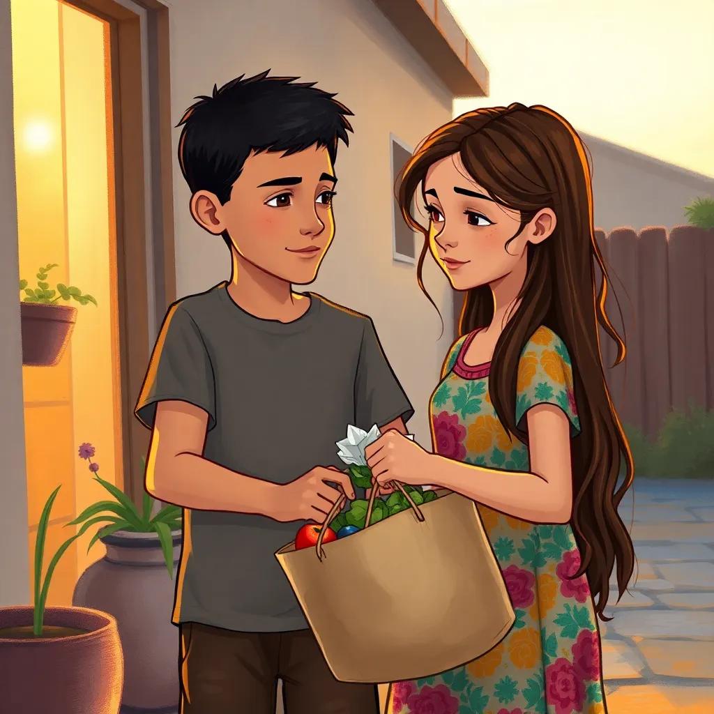 Ali, a young Arab boy with short black hair in a t-shirt, helping Leila, a young Arab girl with long brown hair in a colorful dress, carry groceries at home, during the golden hour, warm light, showing teamwork and friendship, illustration, heartwarming, emotional, high quality
