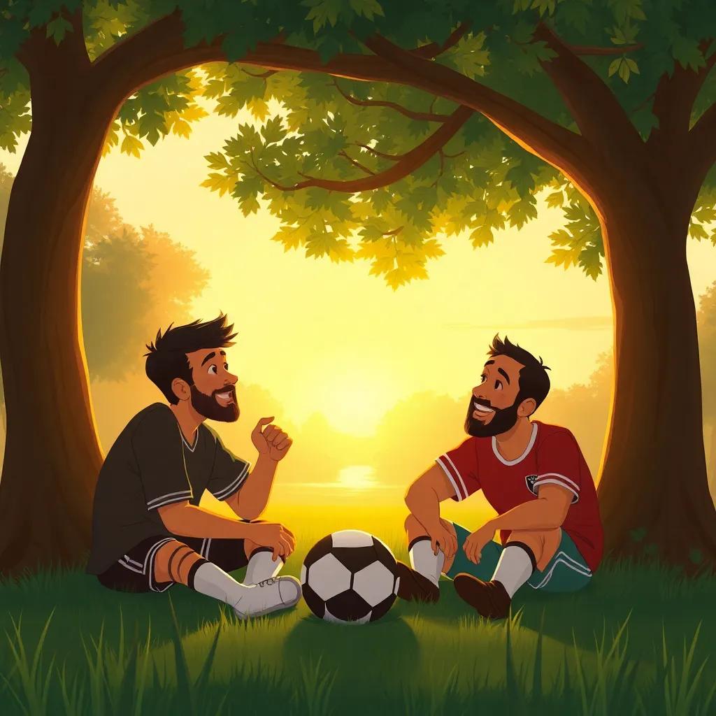 A group of friends, including Sami, Fad and Ali, sitting under a big tree after a soccer match, discussing their dreams, friendship and laughter, warm sunset light, joyful expression, illustration, heartwarming vibe, high quality