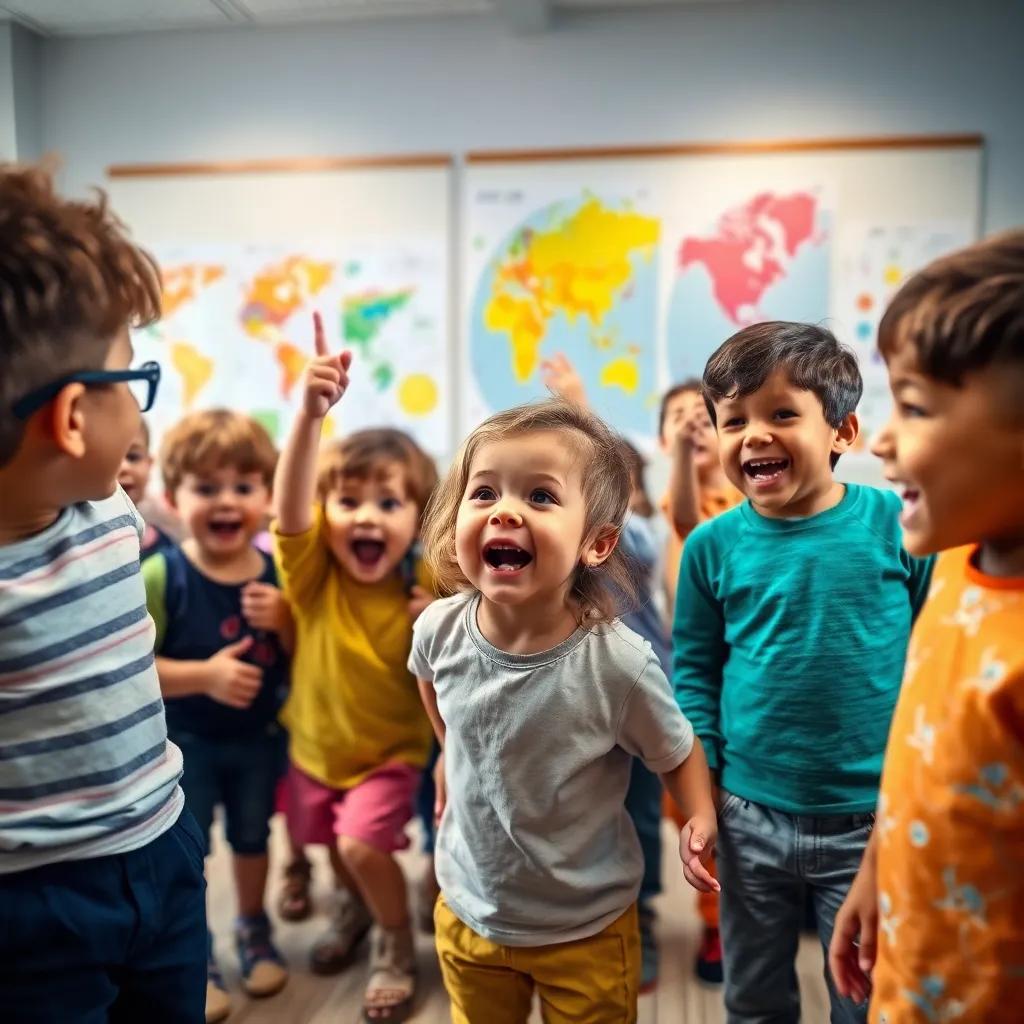 A group of children, excited and eager, gathered in a meeting room with colorful charts and maps on the wall, cheerful atmosphere, vibrant colors, engaging scene, high quality