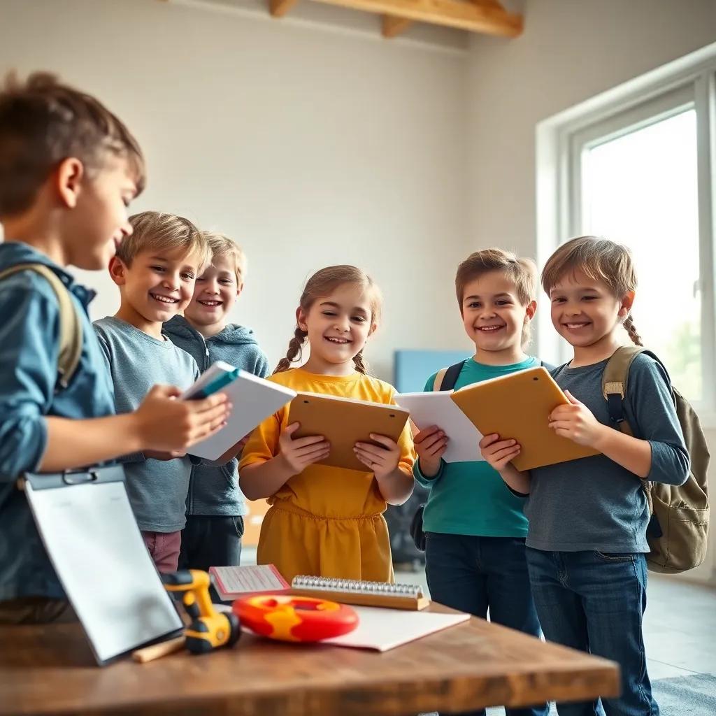 A group of children preparing for their adventure, holding notepads and tools, smiling and brainstorming ideas together, bright light from the window enhancing their enthusiasm, lively scene, high quality