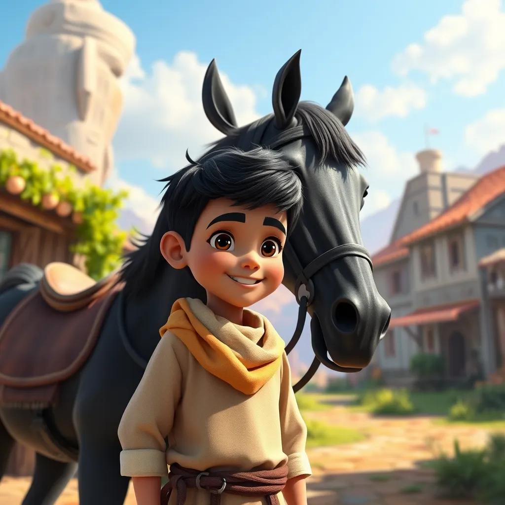 A young Arab boy, خالد, with short black hair, wearing a traditional dishdasha, standing next to a strong black horse named فزاع, in a sunny village, vibrant colors, joyful atmosphere, detailed scenery