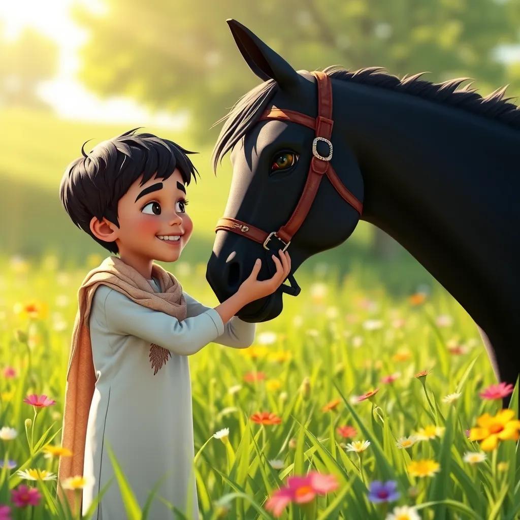 A young Arab boy, خالد, with short black hair, wearing a traditional dishdasha, feeding the black horse named فزاع in a green field, joyful interaction, bright sunlight, colorful flowers around