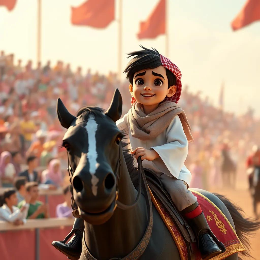 A young Arab boy, خالد, with short black hair, wearing a traditional dishdasha, riding the black horse named فزاع at a racing event, surrounded by cheering crowd, excitement in the air, vibrant energy