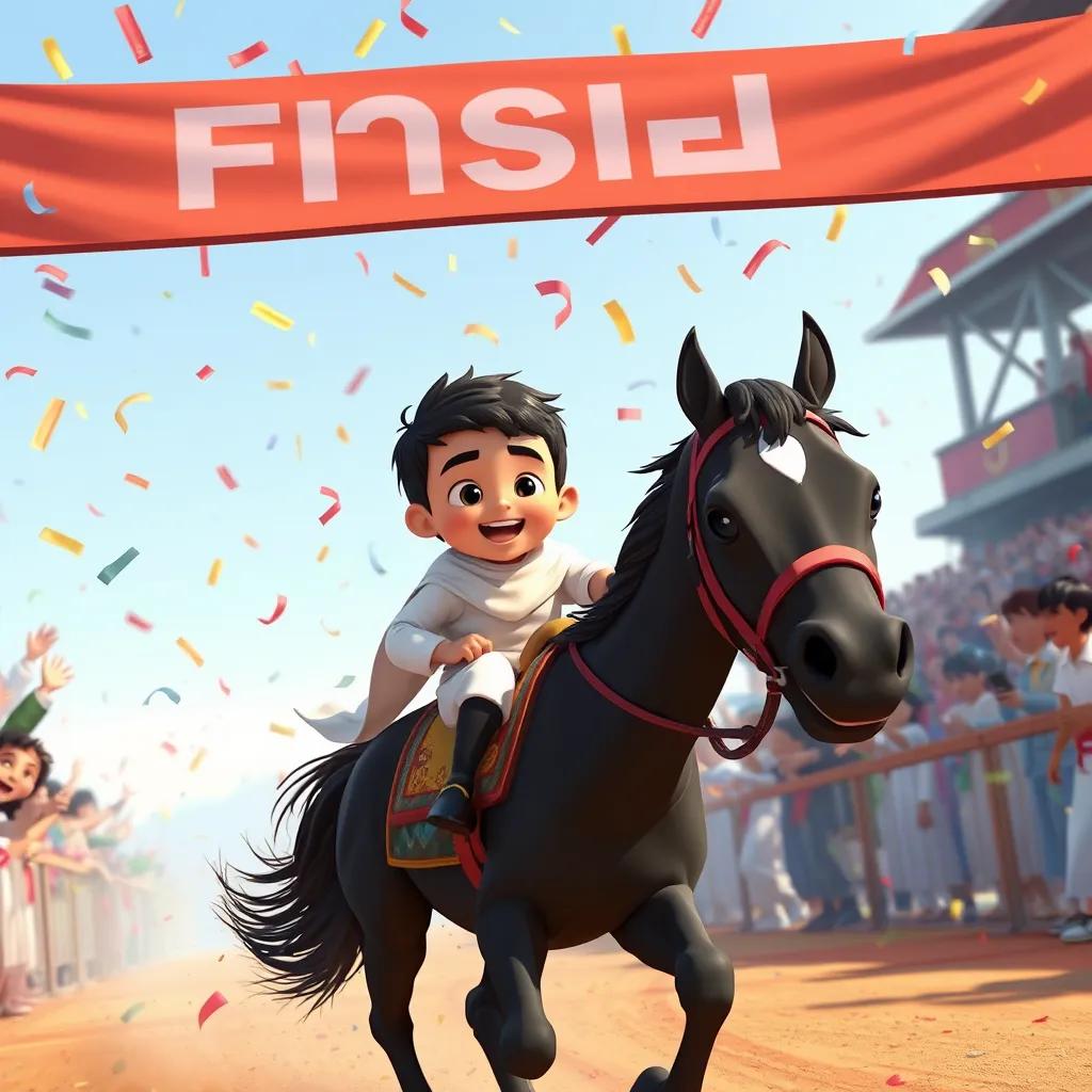 A young Arab boy, خالد, with short black hair, wearing a traditional dishdasha, and his black horse named فزاع crossing the finish line at a lively race, confetti in the air, cheers and celebrating, joyful expression
